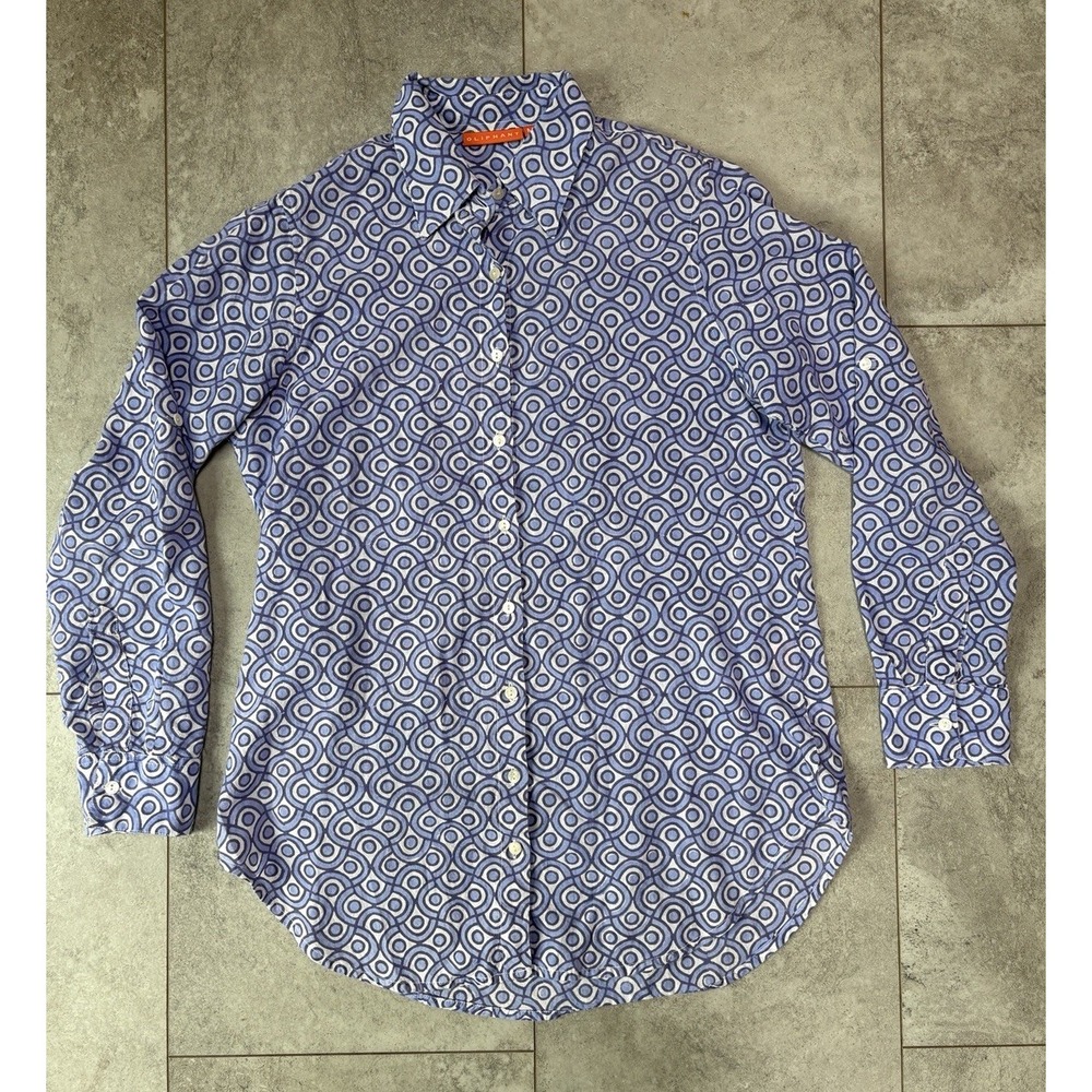 Oliphant Women's M 100% Cotton Button Up Shirt Blue Artsy Boho Coastal Resort
